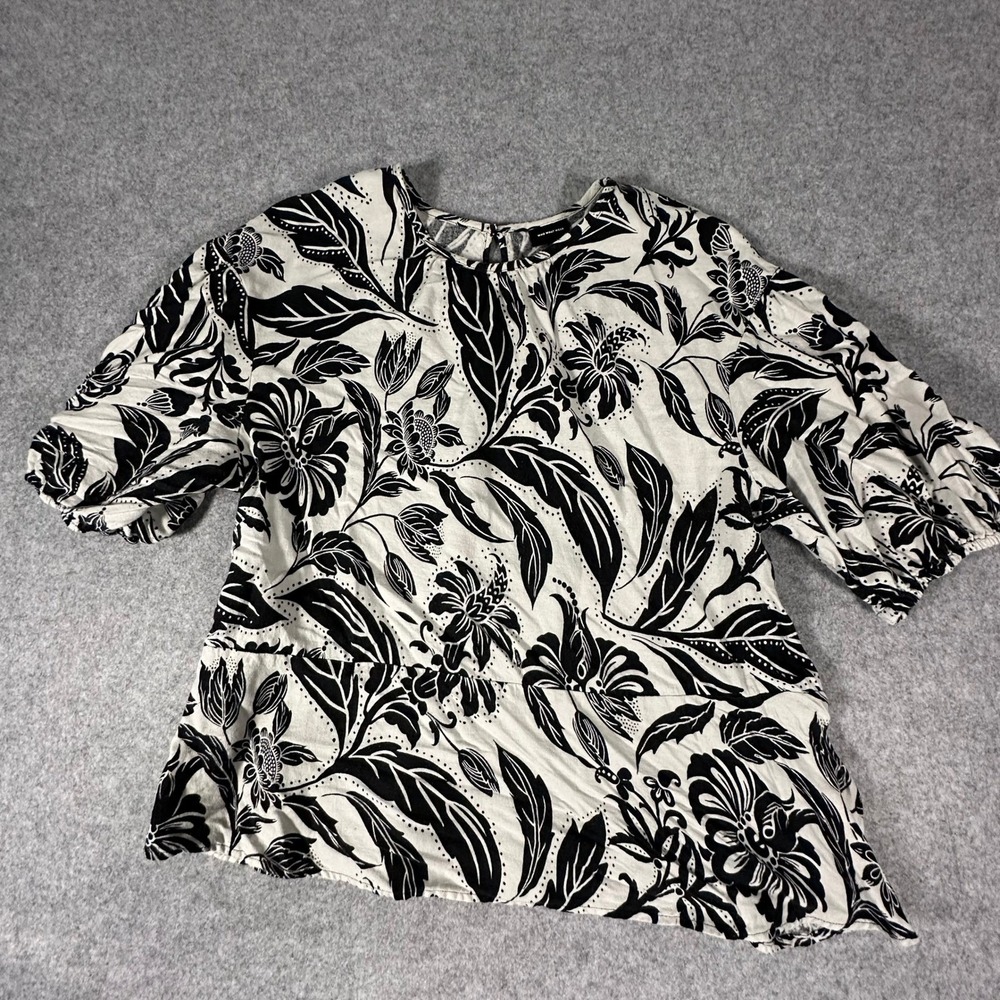 Who What Wear Blouse Womens XXL Black White Floral Linen Puff Sleeve Peplum